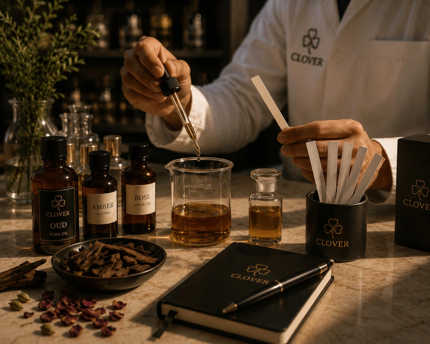 Clover fragrances being formulated and tested by hand in Pakistan